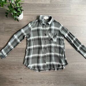 Cloth & Stone Grey & White Button-Down Shirt with Fringe Hem Detail